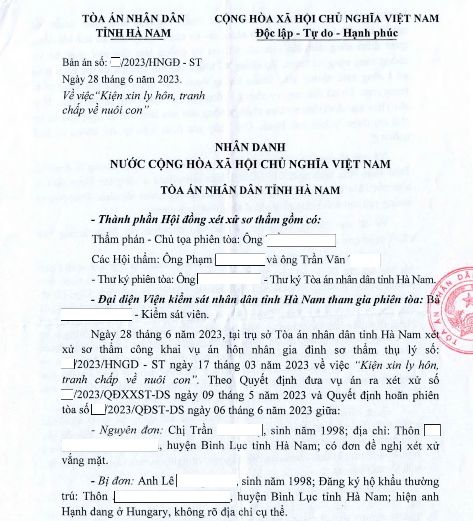 Bản án ly hôn đơn phương tranh chấp quyền nuôi con Hungary Bản án ly hôn đơn phương tranh chấp quyền nuôi con Hungary